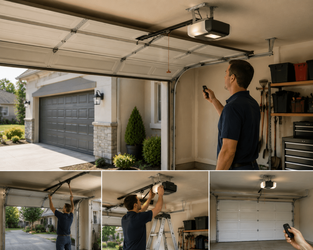 Man inspecting and maintaining a garage door opener and tracks using a remote and ladder in a home garage