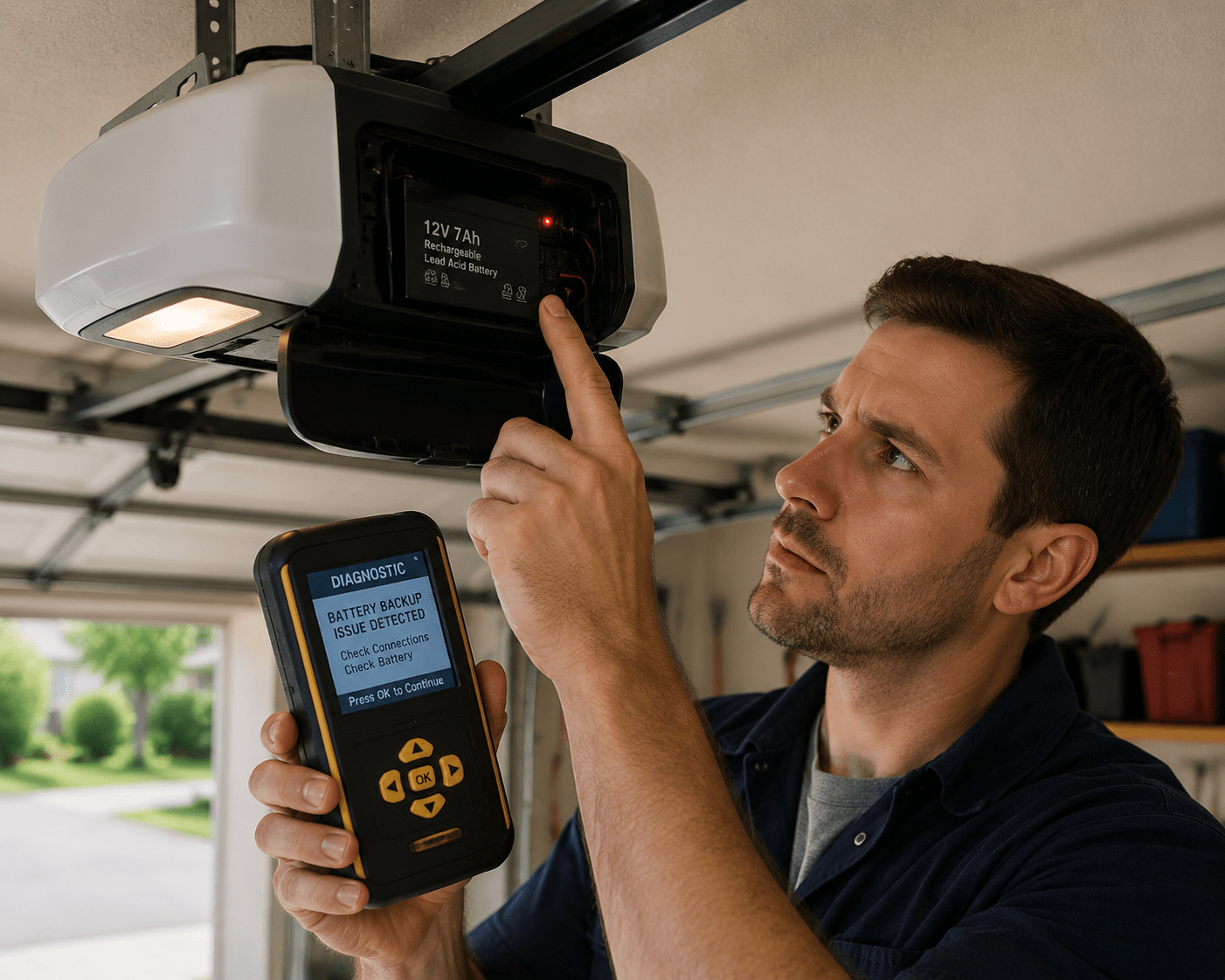 Technician diagnosing battery backup issue on a ceiling-mounted garage door opener with a diagnostic device