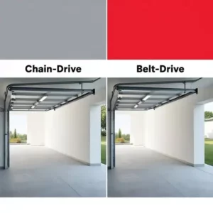 Split image comparing chain-drive garage door opener with metal chain rail next to belt-drive garage door opener with rubber belt rail, both mounted on garage ceiling