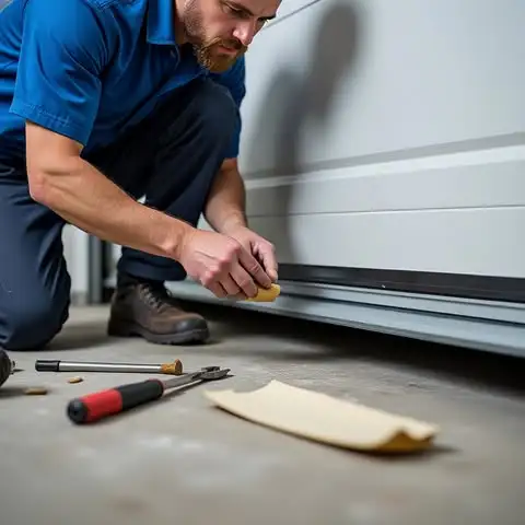 Garage door technician installing bottom weather stripping to improve insulation and seal out dust and moisture.