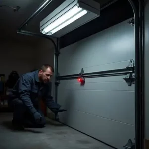 Garage door technician performing a safety sensor inspection and alignment on a residential garage door.