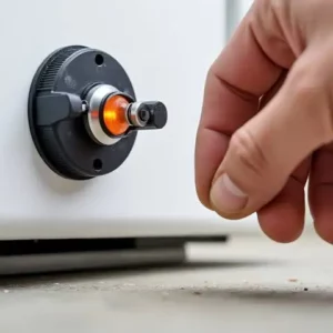 Close-up of a garage door safety sensor with an illuminated indicator light during inspection and testing.