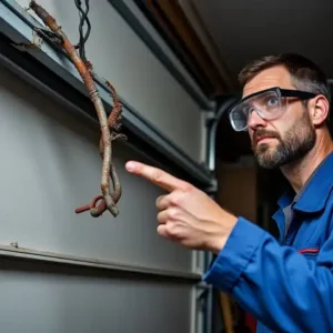 Garage door technician inspecting a damaged cable with visible fraying and rust inside a residential garage.