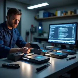 Garage door technician programming and testing smart garage door control modules at a diagnostic workstation.