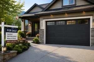 Modern home with black garage door for sale