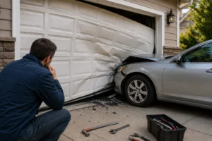 Car crashed into damaged residential garage door