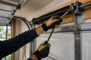 Technician adjusting garage door torsion spring
