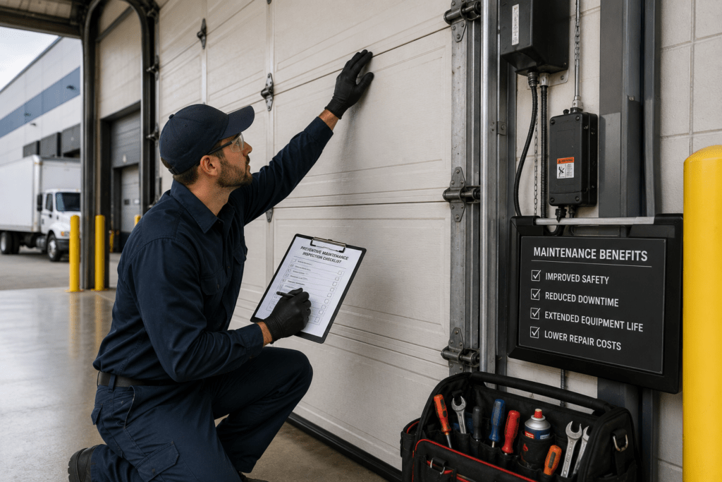 Technician inspecting commercial garage door maintenance