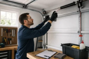 Technician lubricating garage door torsion spring