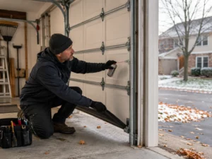 Technician lubricating garage door hardware in winter