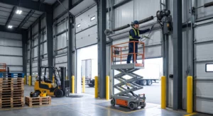 Commercial garage door maintenance by technician