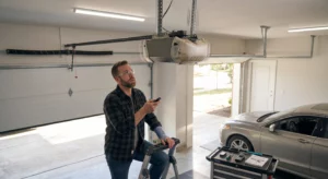 Homeowner testing garage door opener system
