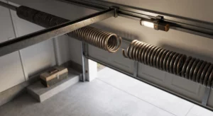 Close-up view of garage door torsion spring