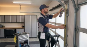 Technician adjusting garage door track alignment