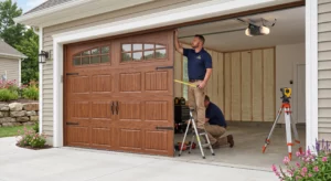 Technicians measuring garage door installation area