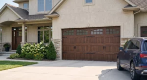 Modern home with wooden garage door