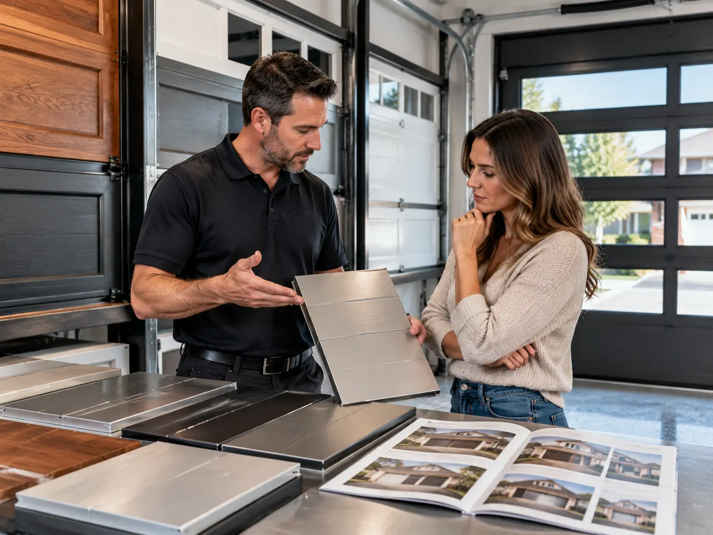 Technician showing aluminum and steel garage door material samples to a homeowner