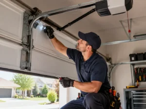 Technician inspecting garage door spring and track with a flashlight