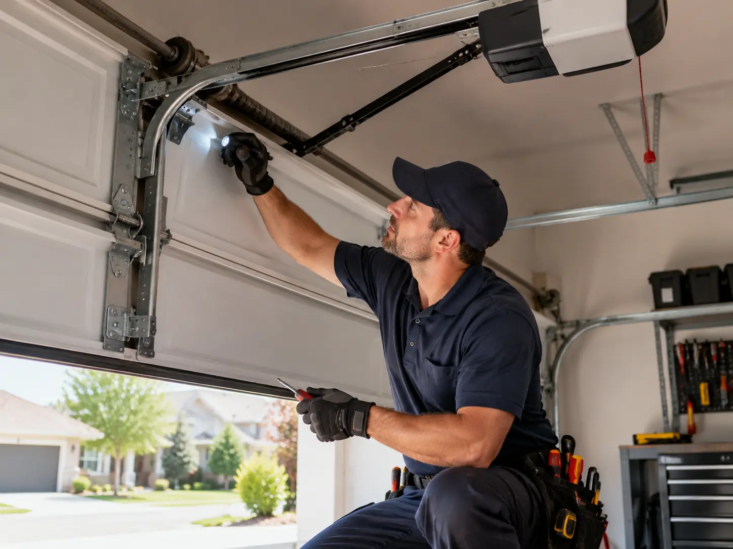Technician inspecting garage door spring and track with a flashlight