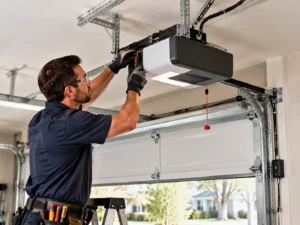 Technician installing and adjusting a garage door opener motor unit