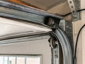 Close-up of a garage door torsion spring, cable, and track hardware showing wear