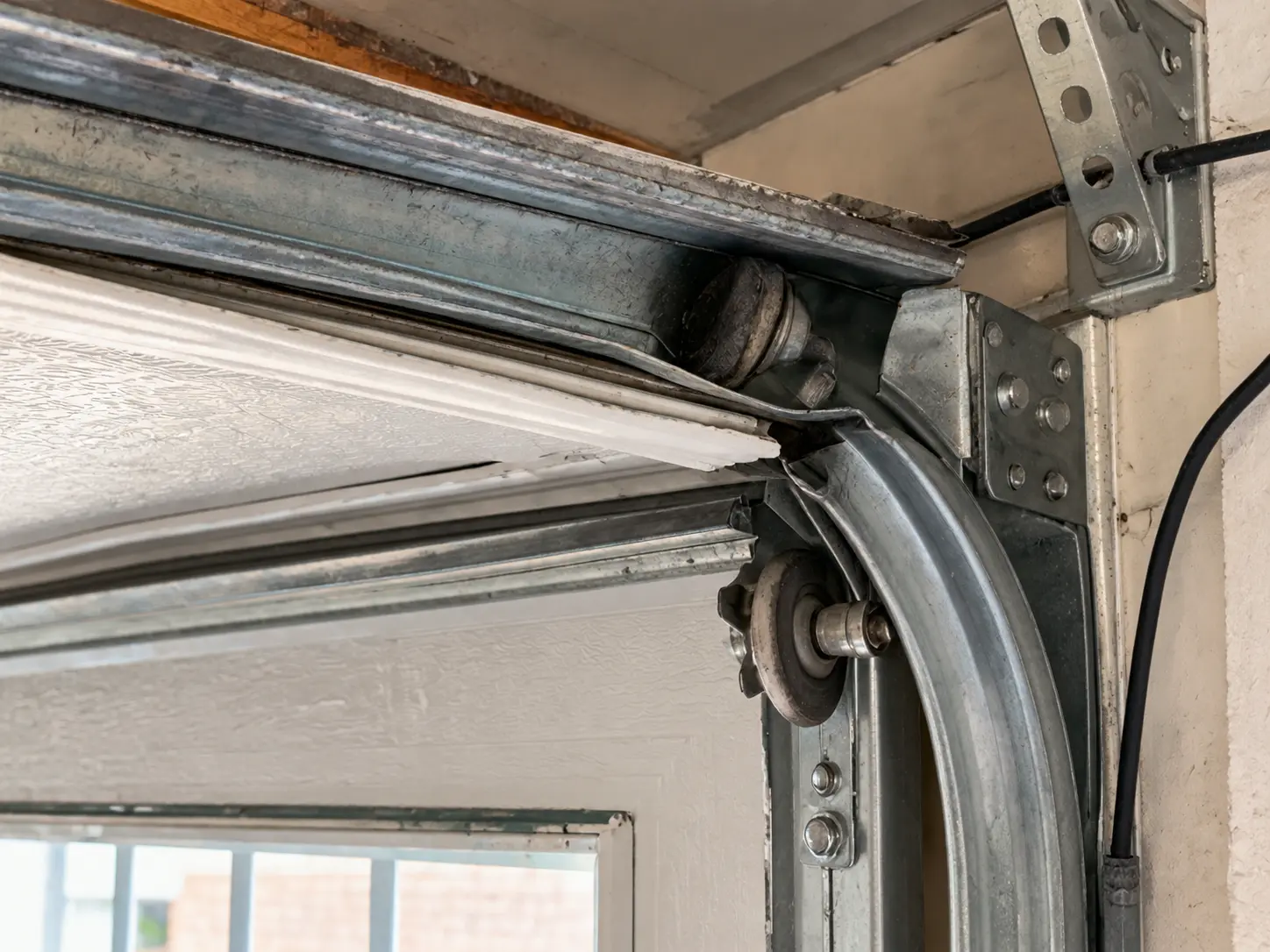 Close-up of a garage door torsion spring, cable, and track hardware showing wear