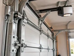 Close-up of garage door track, roller, and insulated panel seal