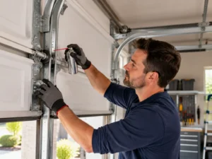 Technician applying silicone lubricant to a garage door roller
