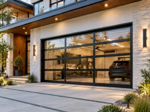 Modern home exterior with a full-view glass panel garage door