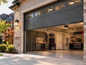 Closed garage door with an organized, secure home garage interior