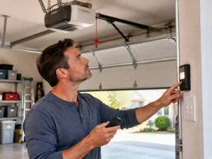 Homeowner using a smartphone app to control a smart garage door opener