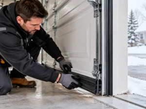 Technician installing weatherstripping on a garage door before winter